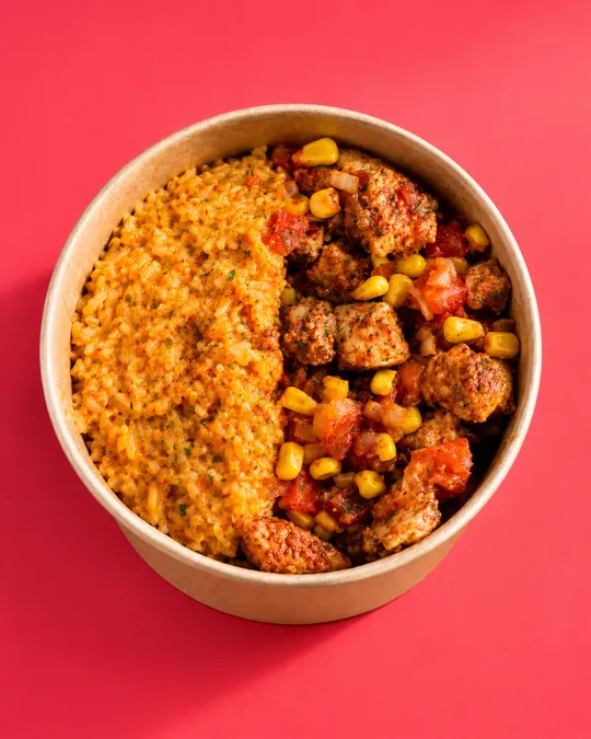 Bol d’Alfredo Chicken Rice : riz, poulet épicé, maïs et tomates