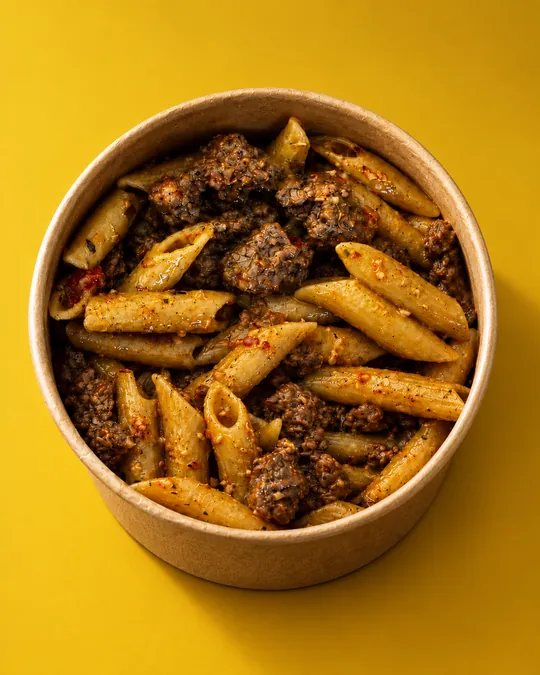 Bol de Creamy Garlic Beef Pasta : penne et bœuf haché à la sauce crémeuse à l’ail