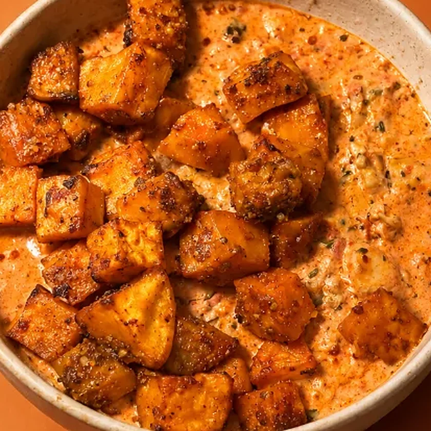 Butter chicken Hémé : cubes de patate douce rôtie sur une sauce crémeuse